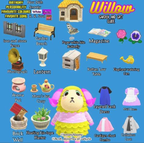 Willow’s yard guide Acnh Willow, Willow Garden, Willow House, Animal Crossing Guide, Animal Crossing Characters, Animal Crossing Villagers, New Animal Crossing, Garden Guide, Animal Crossing Game