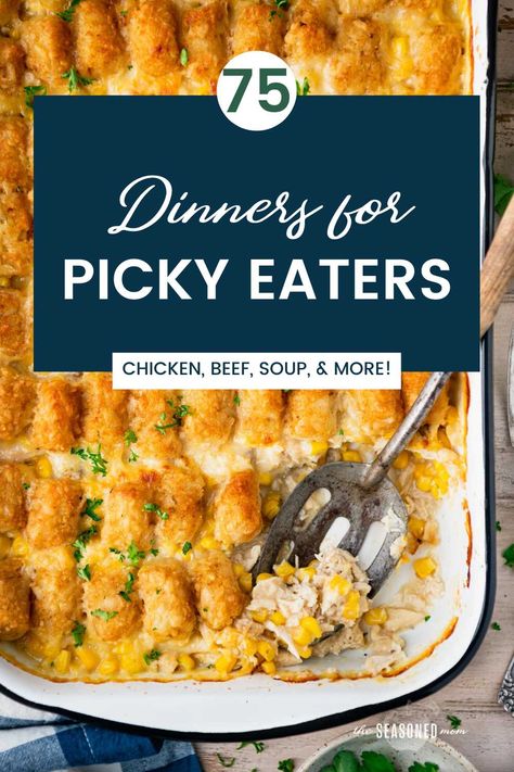 Coming up with new dinner ideas for picky eaters can be so challenging! That's why you'll love this convenient collection of 75 easy kid-friendly meals that your entire family will enjoy. Dinner For Picky Eaters, Dinner Ideas For Picky Eaters, Kid Approved Dinners, Picky Eaters Dinner, Easy Dinners For Kids, The Seasoned Mom, Family Friendly Dinners, Easy Meals For Kids, Cheap Dinners