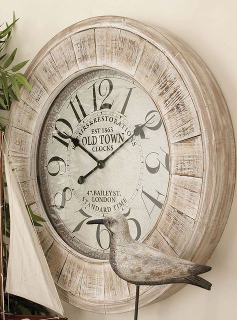 Vintage Reflections 31" Old Town Wall Clock by UMA Large Wall Clock Decor, Vintage Wood Wall, Grey Wall Clocks, White Clock, Farmhouse Wall Clocks, White Clocks, Oversized Wall Clock, Old Clocks, Vintage Wall Clock