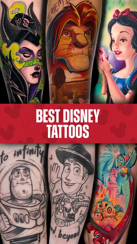 Enjoy our selection of the best Disney tattoos, inked by our sponsored artists and friends, from the wholesome to the wholly bizarre! Disney Unique Tattoos, Disney Arm Sleeve Tattoos For Women, Disney Pixar Tattoos, Disney Villains Tattoos, Tattoo Designs Disney, Disney Villain Tattoo, Disney Tattoos Unique, Disney Characters Tattoos, Dark Disney Tattoo