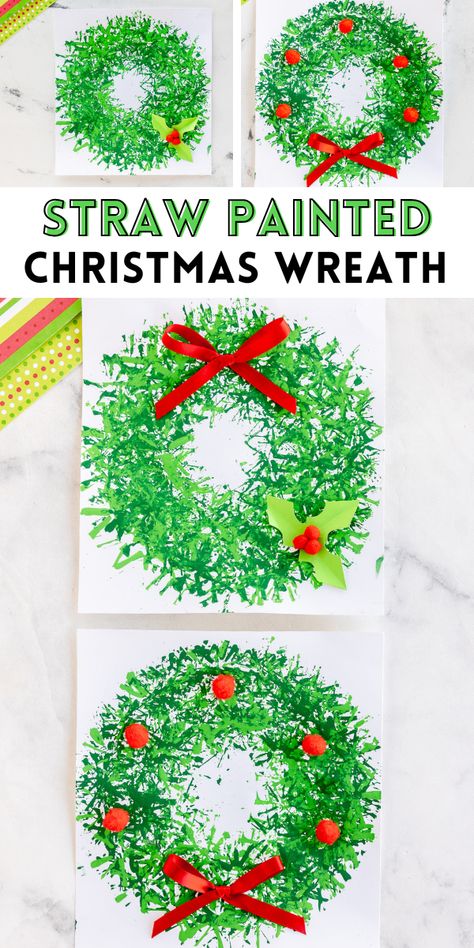 This Straw Painted Christmas Wreath craft is such a fun activity to make this holiday season. Paper, paint and a plastic straw is all you need to get started on this fun holiday wreath perfect for Christmas! Present Art For Kids, Handprint Wreath Craft, Christmas Wreath Art For Kids, Hand Wreath Craft Kids, Christmas Wreath Craft Preschool, Christmas Craft Ideas For Toddlers, Christmas Wreath Crafts For Kids, Christmas Wreath For Kids, Kindergarten Christmas Art