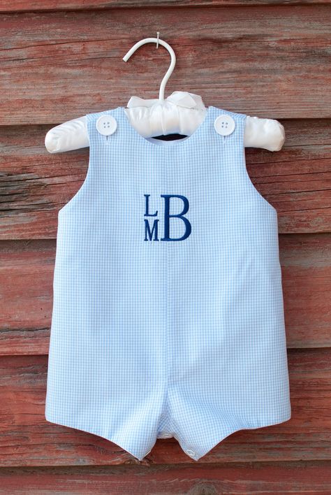 This cute jon-jon, available in a variety of 100% cotton fabrics and fully lined in white, is the perfect blank canvas for an embroidered name or monogram. It can be custom-made for sizes 3 months to 24 months. Great on its own in warm weather, or over a cute top or turtleneck in winter! Choose your fabric and size from the drop-down lists above, and specify monogram or name as well as font or monogram style (from photos above) in the \Add your personalization\ section. Boy Monogram Ideas, Baby Boy Monogram, Boy Monogram, Diy Monogram, Boy Diy, Jon Jon, Embroidery Shirt, Baby Boy Clothing Sets, Embroidered Name