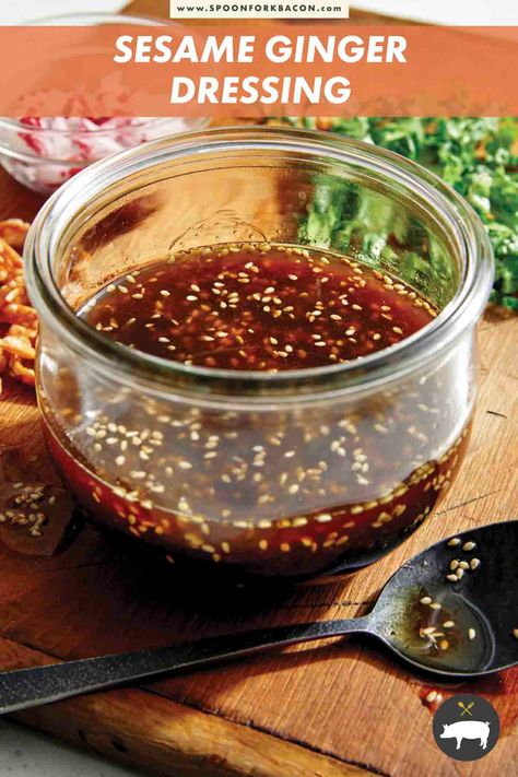 The most delicious Sesame Ginger Dressing that can also be used as a simple marinade for proteins like chicken, fish and shrimp. It's so easy to whip up and will last for weeks in the refrigerator! #saladdressing #dressing #sesame #ginger Simple Marinade, Ginger Salad Dressings, Sesame Ginger Dressing, Spoon Fork Bacon, Sesame Dressing, Salad Dressing Recipes Homemade, Sesame Ginger, Ginger Dressing, Like Chicken