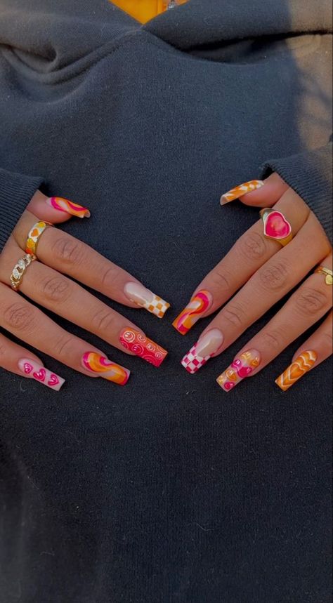 Different Nails Acrylic Designs, Nails With Different Designs On Each Hand, Trippy Pink Nails, Fun Design Acrylic Nails, Nail Ideas Crazy, Long Acrylic Nails Summer 2024, Nails With Lots Of Designs, Funky Long Nails, Dreamville Festival Nails