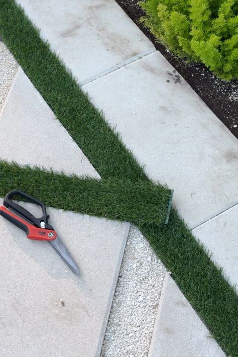 How to Install Artificial Turf Between Pavers: A Step-by-Step Guide Artificial Turf Walkway, Paver Ideas For Front Yard, Diy Turf And Pavers Backyard, Square Pavers With Grass In Between, Pavers With Fake Grass In Between, Grass And Concrete Squares, Artificial Turf Patio Ideas, Turf Courtyard Ideas, Diy Pavers And Turf