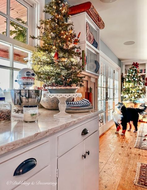 A festive kitchen adorned with a Christmas tree and accompanied by a joyful dog. Christmas Tree For Kitchen, Small Kitchen Christmas Tree, Christmas Tree On Kitchen Island, Nancy Meyers Christmas Aesthetic, Kitchen Christmas Tree Ideas, Christmas Cozy Home, Farmhouse Christmas Tree Ideas, Cozy Christmas Kitchen, Cozy Cottage Christmas