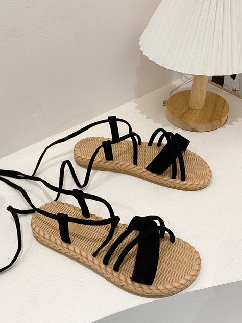 Tie Up Flats, Women Flat Sandals, Black Sandals Flat, Black Nike Shoes, Cute Shoes Heels, Shoes Heels Classy, Black Gladiator Sandals, Nike Shoes Outfits, Trendy Sandals