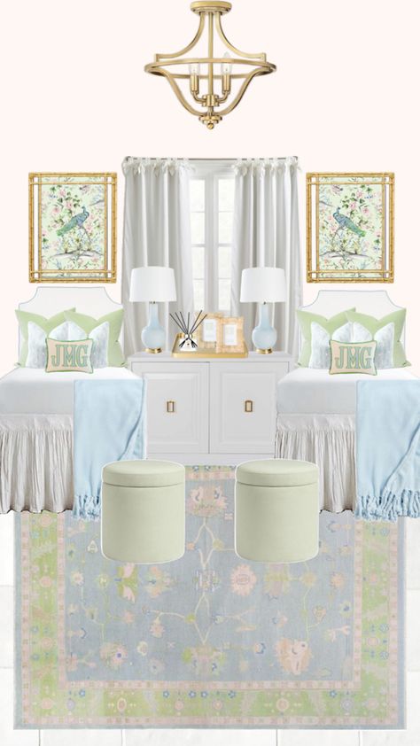 Blue Green Bedrooms, Blue Dorm, College Dorm Room Inspiration, Green Preppy, Dorm Sweet Dorm, Dorm Inspiration, College Dorm Room Decor, Kids Bedroom Inspiration, College Apartment Decor