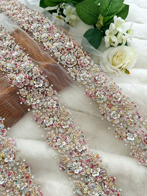 1 Yard Multicolour Cutdana Pearl Crystal Floral Trim Hand - Etsy Ribbon Hair Accessories, Costume Wedding, Hand Beaded Embroidery, Bridal Applique, Wedding Dress Sash, Beaded Lace Fabric, Paper Flower Decor, Fashion Sewing Tutorials, Hand Embroidery Tutorial