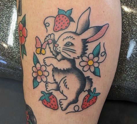 Bunny Trad Tattoo, Rabbit Tattoo Color, Vintage Bunny Tattoo, American Traditional Bunny Tattoo, Traditional Bunny Tattoo, Traditional Tattoo Rabbit, Traditional Rabbit Tattoo, Easter Tattoo, Dopamine Tattoo