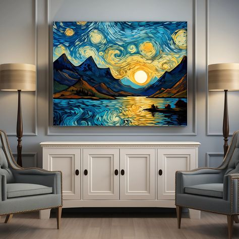 Vincent Van Gogh's, Fjords Sunrise | framed tv art, Home Decor Painting, naturalism, large prints, naturism, #vangogh, house decorating . . . #landscapes #art #artgallery #etsy #etsyshop #etsyseller #oilpainting #ArtSpring #colorfuljourneysart #sunrise #fjord #norwayart #lakeview #vangogh #vincentvangogh #vangoghart #mountains Home Decor Painting, Diy Canvas Wall Art, Van Gogh Art, House Decorating, Home Decor Paintings, Vincent Van, Tv Art, Horse Art, Diy Canvas