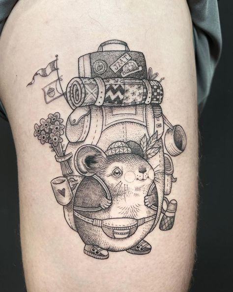 Dapper Animal Tattoo, Fun Animal Tattoo, Whimsical Animal Tattoo, Suflanda Tattoo, Pika Tattoo, Fleshy Art, Funny Animal Tattoos, Backpacking Tattoo, Animal Tattoo Sleeve