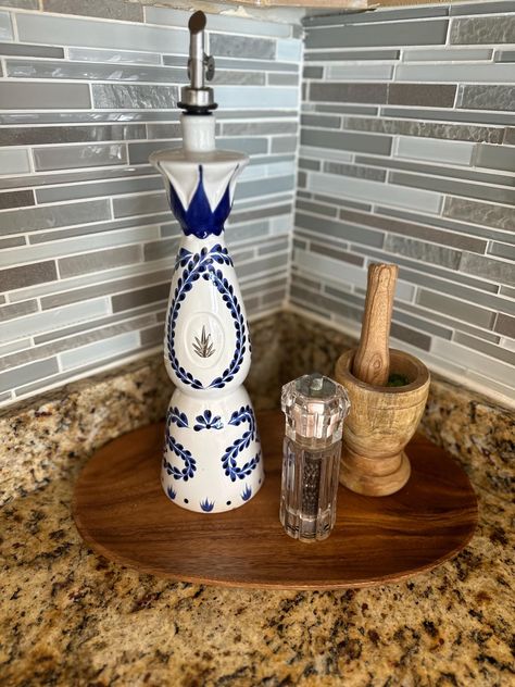 Repurposed hand painted Clase Azul "Blue Class" tequila bottle 750 ml oil dispenser Casa Azul Tequila Bottle Decor, Diy Tequila Bottles Decor, Clase Azul Bottle Ideas, Mexican History, Tequila Bottle, Tequila Bottles, Mexican Home Decor, Bottle Decor, Mexican Home