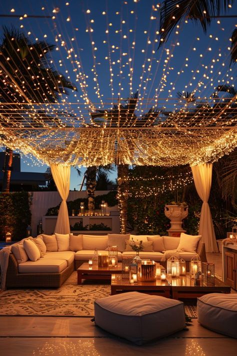 29 Garden Party Decor Ideas to Elevate Your Outdoor Celebrations 6 Party Lights Outdoor Patio, Backyard Party Lighting Ideas, Outdoor Birthday Party Decorations Night, Outdoor Night Party, Outdoor String Lighting Ideas, Welcome Party Decor, Welcome Party Ideas, Backyard Party Lighting, Evening Garden Party