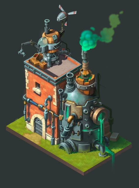 Steampunk Building, Material Reference, Minecraft Steampunk, Steampunk City, Steampunk House, House Cartoon, Props Concept, Industrial Building, Cartoon House