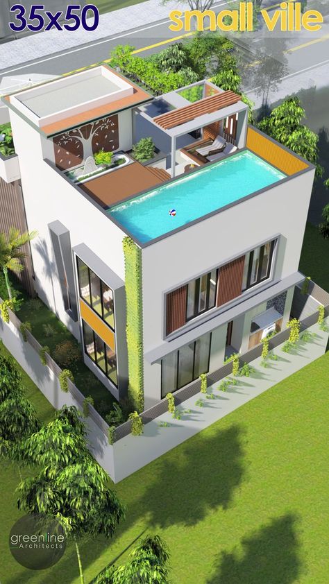 Vastu oriented "Small Ville". A feature pack 35x50 (1750 Sqft) House design Review is schedule to launch today at 6:30PM. Stay tuned and Subscribe for more Fresh Content. 35 X 50 Feet, 1750 sqft House Design Idea 10 X 15 Meter House Plan Design ---------------------------------------------------------------- This House has- 2 CAR + Bike Park 4 Bedroom + Toilet Kitchen + Dining Room Double Height Formal Drawing Room Terrace Landscape & Swimming Pool Swimming Pool Terrace Ideas, Duplex House With Swimming Pool, Terrace Swimming Pool Design, Small Home With Pool, Rooftop Swimming Pool Designs, Terrace Pool Design, Terrace Swimming Pool Ideas, Small House With Swimming Pool, Small House Design With Pool