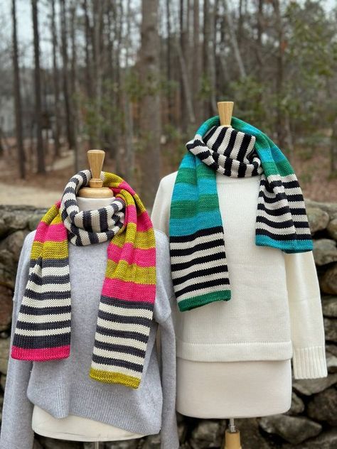 Essential Stripes Winter Scarf Knitting Pattern, Scarf Color Combinations, Striped Scarf Knit Pattern, Scrap Yarn Knitting Projects, Crochet Striped Scarf, Knitting Scarf Patterns, Striped Crochet Scarf, Stripe Scarf Knit, Stripe Scarf Pattern