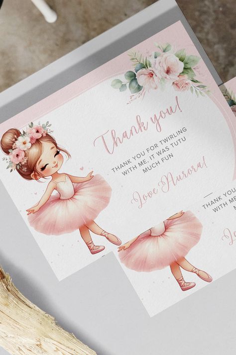 Ballerina Invitation and thank you card. Send to your guests digitally or print them out. Customise this beautiful Invitation with your own, font's, wording and colours. Ballerina Invitations, Beautiful Invitations, Thank You, Thank You Cards