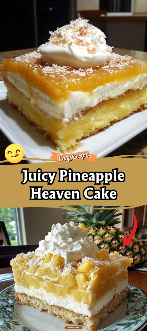 This Juicy Pineapple Heaven Cake is a tropical escape in every slice. Enjoy the moist, fruity flavor balanced with a light, airy frosting that makes each bite a heavenly experience. #PineappleCake #TropicalDessert #CakeHeaven Pineapple Cake Recipe Boxes, Pineapple Delight Cake, Pineapple Heaven Cake, Pineapple Butter Cake, Pineapple Sunshine Cake, Pineapple Bread Pudding, Heaven Cake, Pineapple Dump Cake, Carrot Cake With Pineapple