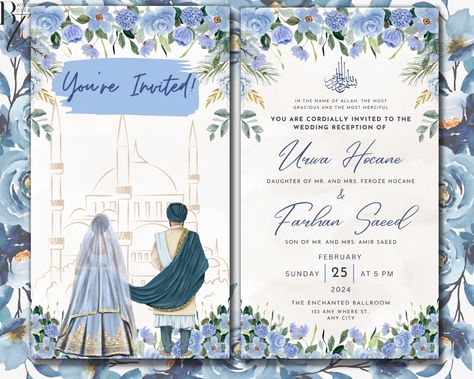 Animated Digital Nikkah Ceremony Shaadi Walima Wedding Engagement Muslim Desi Invitation Invite Card Template Floral Regal Ice Blue Masjid by BTWeddingCreations on Etsy Desi Invitation Cards, Nikkah Cards Invitations Template, Wedding Invitation Cards For Muslims, Walima Invitation Card Template, Desi Wedding Cards, Nikkah Invitation Cards Template, Muslim Engagement Invitation Cards, Wedding Card Design Muslim, Muslim Wedding Card Template