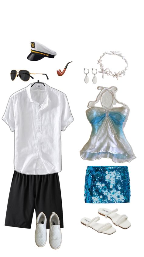 Halloween costume couples Mermaid Captain Couple Costume, Salor And Mermaid Costume, Chefs Kiss Couple Costume, Couples Mermaid Costume, Mamma Mia Couples Costume, Couples Halloween Costumes Aesthetic, Sailor Halloween Costumes Men, Pirate And Mermaid Costume Couple, Prince And Princess Halloween Costumes