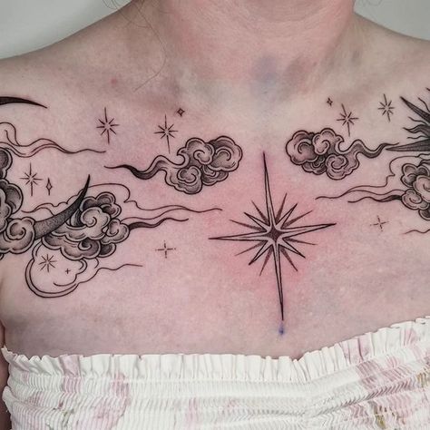 Fine Line Chest Tattoo Men, Celestial Patchwork Tattoo Sleeve, Chest Filler Tattoos, Collarbone Chest Tattoo, Feminine Chest Tattoo Ideas, Shoulder Tattoos Symmetrical, Delicate Throat Tattoo, Star Tattoos Chest, Sternum Small Tattoo