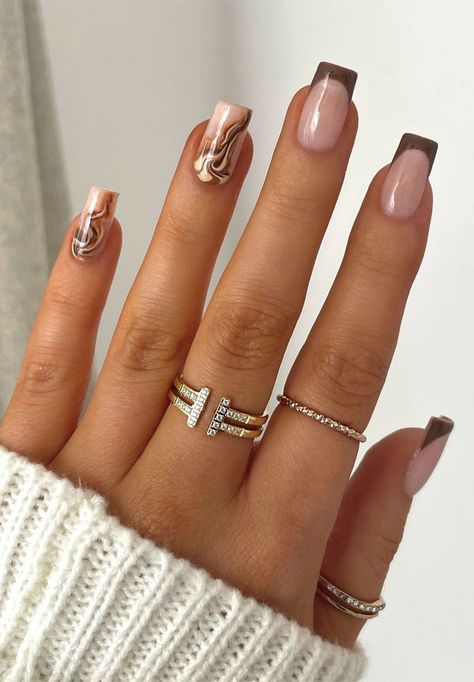 Marble nails, Trendy Fall Nails, autumn nails, autumn nail designs, fall color nails Brown And Beige Nail Designs, Brown And Cream Nails, Fall Color Nails, Autumn Nail Designs, Trendy Fall Nails, Beige Nails Design, Berry Nails, Fall Nail Inspo, Thanksgiving Nail Art