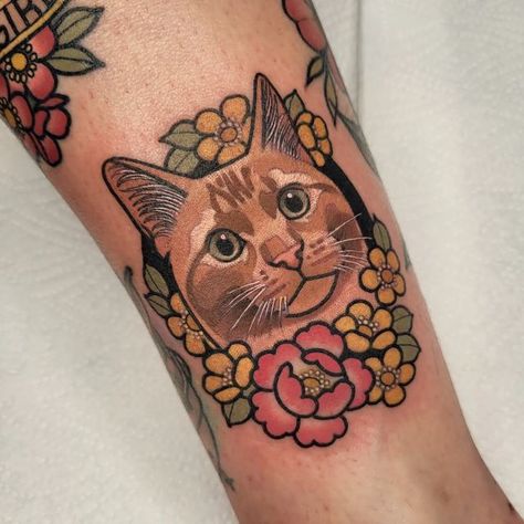 Pet Portrait Tattoo, Cat Face Tattoos, Traditional Heart Tattoos, Cat Portrait Tattoos, One Eyed Cat, Pumpkin Tattoo, Tribute Tattoos, Bone Tattoos, Cat Portrait