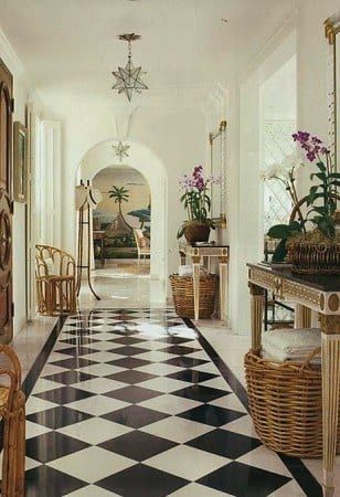 black white checker board checkerboard tile flooring hallway pool house foyer vintage hollywood regency classic eclectic interior design Classic Tile Floor, Checkered Flooring, Interior Design Indian, Entryway Tile, Tiled Hallway, White Tile Floor, Eclectic Interior Design, Classic Tile, Black And White Tiles