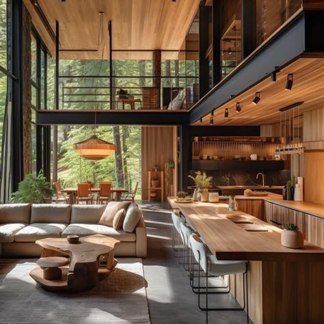 Modern Style Cabin, Elevated Interior Design, Modern Architecture House Interior, Mountain Cabin Modern, Modern Lakehouse Interiors, Cabin Modern House, Modern Cabin Kitchen Ideas, Modern Cabin Style Home, West Coast Modern Interior