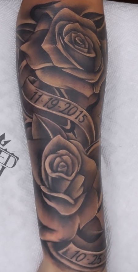 Rose Tattoo Ideas For Men Forearm, Loved One Tattoo Passed Sleeve, Flower Half Sleeve Tattoo Men, Forearm Memorial Tattoos For Men, R.i.p Tattoo Ideas, Dedication Tattoos For Men, Memorial Sleeve Tattoo For Men, Men’s Half Sleeve Tattoo Ideas, Rose Leg Tattoo Men