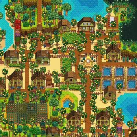 Stardew Beach Farm Ideas, Stardew Valley Painted Buildings, Stardew Valley Farm Layout Beach Aesthetic, Beach Stardew Valley Layout, Stardew Valley Beach Farm Design, Beach Stardew Valley, Stardew Beach Farm Layout, Ginger Island Farm Layout, Beach Farm Stardew Valley