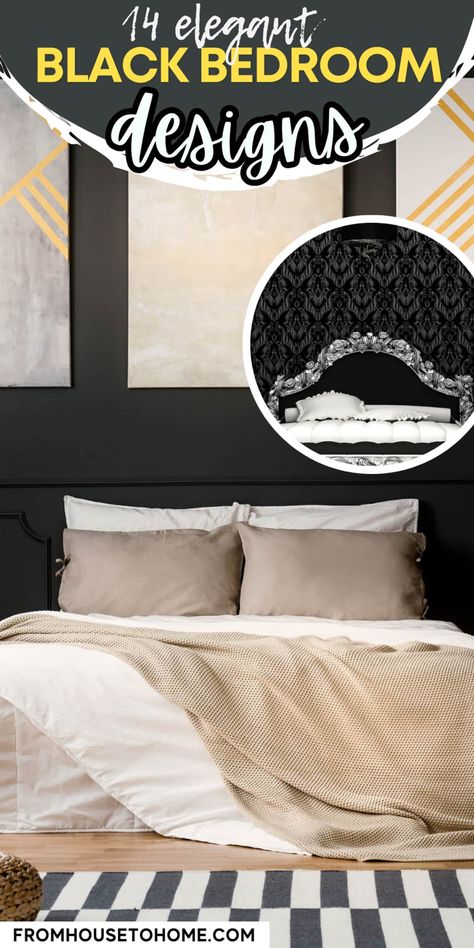 14 elegant black bedroom designs Black Bedroom Walls, Dark Color Schemes, Yellow Headboard, Black Bedroom Ideas, Black Walls Bedroom, Dramatic Bedroom, Black Room Decor, Painted Ceilings, Black Bedroom Design