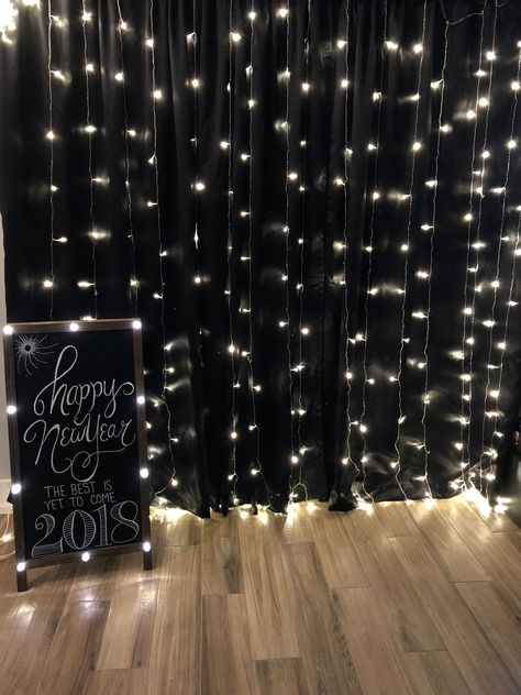 Black Curtain Lights Backdrop, Black And White Awards Dinner, Black Sparkle Party Theme, Black Backdrop With Lights, Black And White Gala Decorations, Black Themed 18th Birthday Party, Glitz And Glam Aesthetic Party Decor, Black And White Party Theme Birthday, Black Out Party Decorations