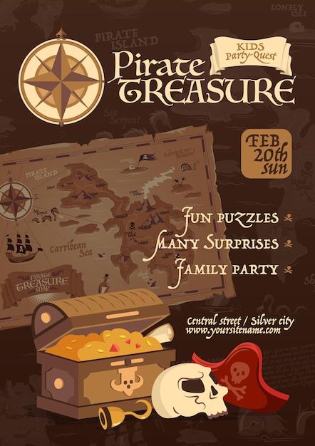 Pirate Poster Design, Pirates Poster, Pirates Map, Treasure Poster, Pirates Design, Cartoon Island, Pirates Theme, Kids Pirate Party, Pirate Illustration