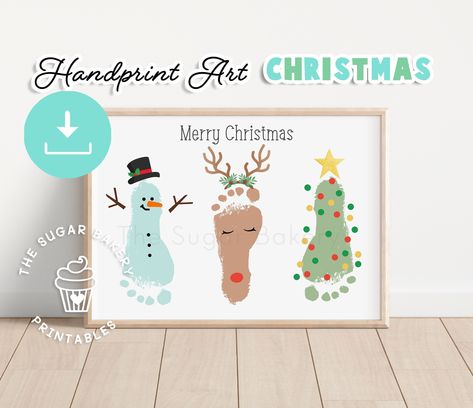 INSTANT DOWNLOAD (BONUS - 3 sizes--->This adorable DIY Christmas Handprint Art features a REINDEER, a SNOWMAN and a CHRISTMAS TREE. This sweet one-of-a-kind sentimental gift from your baby and/ or child is the perfect gift for Mom's, Dad's & Grandparents! This is a great craft for younger children (smaller hands/feet), babies and toddlers! This listing includes a printable 8x10, 8.5x11 (both best with small handprints/footprints) and 11x14 (for extra handprints/footprints or multiple children) t Baby Feet Painting Ideas Christmas, Christmas Toddler Painting Ideas, Reindeer Footprint Art, Fingerprint Reindeer, Christmas Footprint Art, Christmas Footprint Crafts, Reindeer Footprint, Handprint Art Christmas, Christmas Footprint