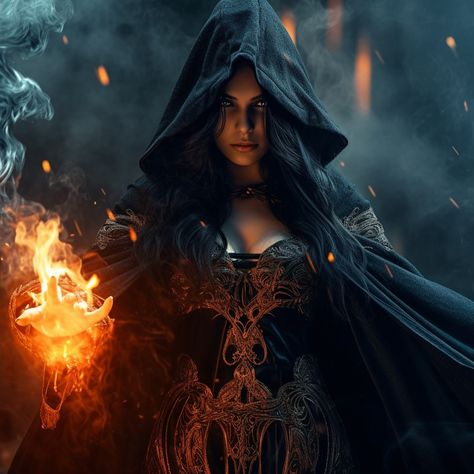 Evil Sorceress, witch, Necromancer, vampire, fierce eyes, beautiful woman, attractive body, long black hair, aggressive stance, black magical leather robe with hood, exotic magical jewelry, Dark Fantasy Hell environment, fire in the background, Sorceress Art, Fierce Eyes, Evil Sorceress, Sagittarius Wallpaper, Deep Tattoo, Robe With Hood, Friends Sketch, Fantasy Witch, Eyes Beautiful