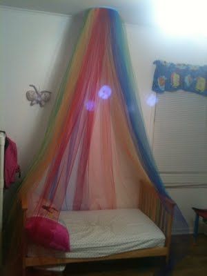 rainbow canopy - run the length of the bed for a daybed look? Rainbow Canopy, Rainbow Bed, Rainbow Room Kids, Bed Net, Rainbow Bedroom, Make A Rainbow, Unicorn Bedroom, Diy Canopy, Rainbow Room