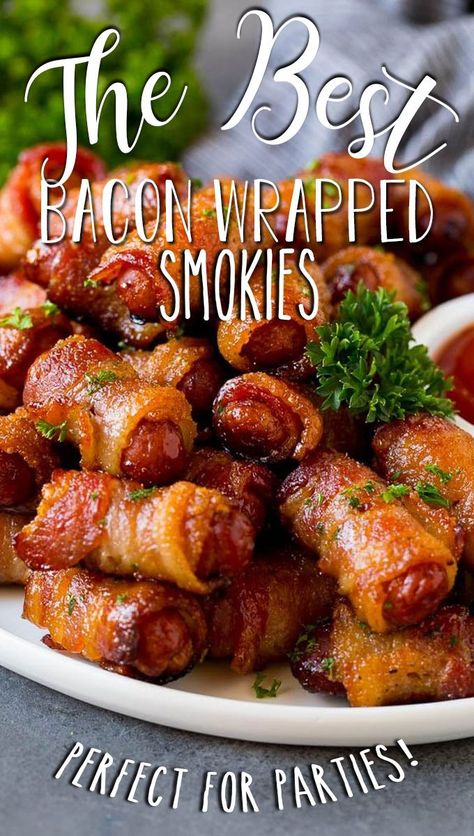 Seasonal Appetizers, Cocktail Sausage Recipes, Wrapped Smokies, Smokies Recipe, Bacon Wrapped Smokies, Sausage Appetizers, Cocktail Sausages, Thanksgiving Menu Ideas, Bacon Appetizers