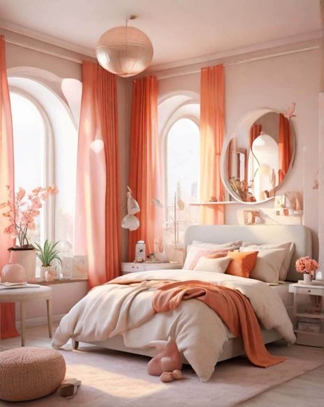 Glam Bedroom Aesthetic, Bedroom Inspo Clean, Aesthetic Bedroom Ideas Cozy, Coral Room Decor, Vintage Modern Bedroom, Artsy Bedroom, Coral Room, Future Decor, Coral Bedroom