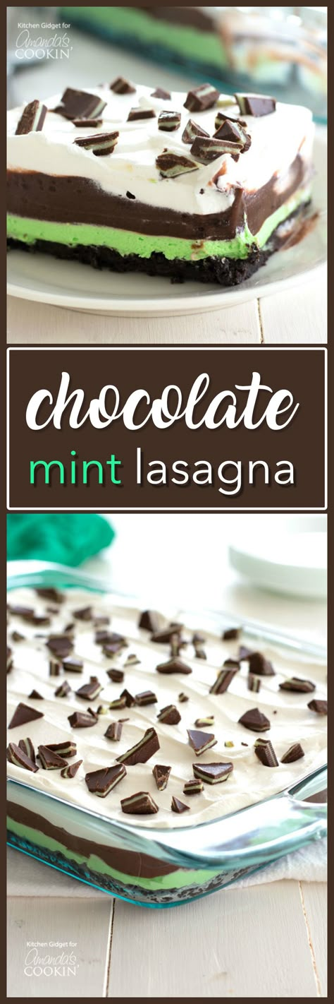 Indulge with this smooth and creamy one-pan Mint Chocolate Lasagna. It's the perfect no bake dessert to bring to a potluck or holiday gathering! Lasagna Dessert, Chocolate Lasagna Recipe, Dessert Lasagna, Grill Dessert, Mint Desserts, Weight Watcher Desserts, Chocolate Lasagna, Mint Oreo, Mint Recipes