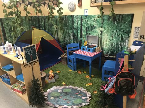 Preschool Camping Dramatic Play Area, Campsite Dramatic Play Preschool, Camping Role Play Area, Campsite Dramatic Play, Camp Dramatic Play, Camping Role Play, Camping Dramatic Play Preschool Ideas, Rainforest Dramatic Play, Fishing Dramatic Play