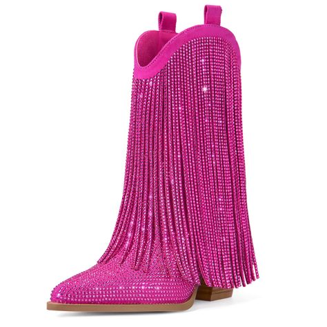 PRICES MAY VARY. 🌟2-3/4" Stacked Heel: Step confidently with pink rhinestone boots a 2.76 inch stacked heel, offering a perfect blend of height and stability for all-day comfort and style. 🌟Easy and Comfortable: Almond-toe pull-on fringe booties with an inner ankle zipper ensure a secure fit and effortless wear, adding a sleek touch to any outfit. 🌟Stylish Fringe Flair: Long fringe detailing at the upper adds dynamic movement and a trendy look, while side pull tabs make these ankle western bo Rhinestone Cowgirl Boots, Short Western Boots, Cowboy Boots For Women, Pink Cowboy Boots, Pink Cowgirl Boots, Rhinestone Cowgirl, Cowboy Ankle Boots, Ankle Cowboy Boots, Fringe Ankle Boots