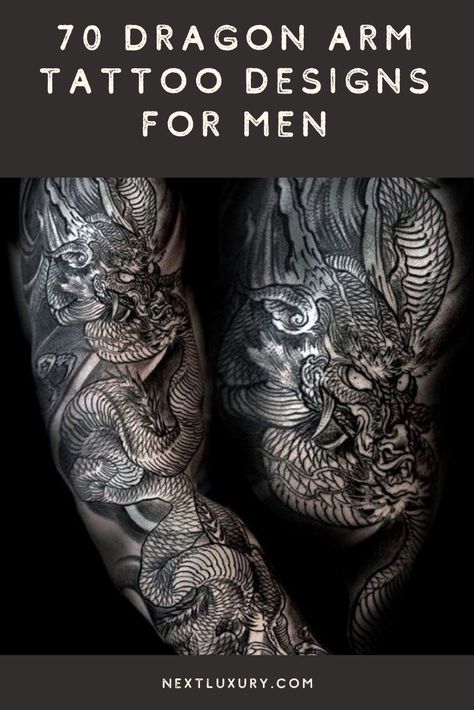 Virile and mysterious, dragons represent the hidden primal beast in men. Their serpentine and reptilian traits make dragons the most exotic and intriguing of all mythical creatures.Dragons open up a world of mystical fascination where anything is possible. #nextluxury #tattooideas #tattoodesigns Dragon Sleeve Tattoos Men, Mythical Creatures Tattoo, Dragon Arm Tattoo, Arm Tattoo Designs, All Mythical Creatures, Dragon Tattoos For Men, Fiery Dragon, Dragon Sleeve Tattoos, Mythical Dragons