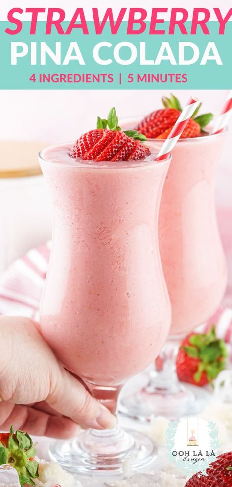 A luscious Strawberry Pina Colada recipe that's just like a refreshing smoothie. Alcoholic, or you can make it non-alcoholic and call it a virgin! Only 4 ingredients. Takes 5 minutes to make. Make it in a blender or on the rocks. The taste alone will transport you to a beachside cabana with a handsome poolboy! Non-dairy, gluten-free, vegan, no added sugar. It's a healthy pina colada cocktail made just for you. Strawberry Colada Smoothie, Strawberry Pina Colada Smoothie, Pina Colada On The Rocks, Strawberry Pina Colada Recipe, Pina Colada Recipes, Pina Colada Recipe Non Alcoholic, Strawberry Pina Colada, Easy Pina Colada Recipe, Pina Colada Cocktail Recipe