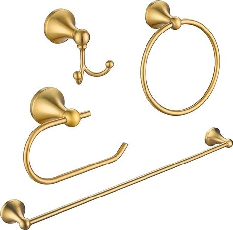 Amazon.com: FROPO 4 Pcs Gold Bathroom Hardware Set - Brushed Brass Gold Bathroom Accessories Kit, Stainless Steel Wall Mounted 23.6 Inch Towel Bar | Towel Hook | Toilet Paper Holder | Hand Towel Holder : Tools & Home Improvement Gold Bathroom Hardware, Gold Bathroom Fixtures, Gold Bathroom Decor, Black And Gold Bathroom, Rococo Furniture, Gold Bathroom Accessories, Stainless Steel Wall, Gold Fixtures, Towel Holder Bathroom