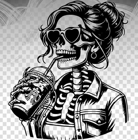 Cool Skeleton with Heart Glasses Drinking Iced Coffee | Svg, Dxf, Pdf, Eps, Emf Vector Files | Halloween Decor, T-shirt Design, Stickers. Creepy Clown Makeup, Cool Skeleton, Heart Glasses, Skull Art Drawing, Coffee Svg, Creepy Clown, Heart Shaped Sunglasses, Infusible Ink, Cool Stickers