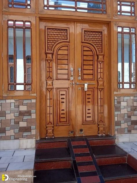 Main Door Design Ideas, Main Door Designs, Main Door Design Photos, Gate Design Ideas, Wooden Double Doors, Door Design Ideas, Door And Window Design, Flush Door Design, House Main Door