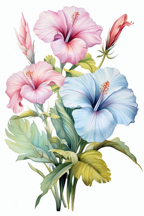 Exotic Flowers, Hibiscus Drawing, White Hibiscus, Flowers Clipart, Art Carte, Flower Art Images, Flower Clipart, Digital Flowers, Botanical Flowers