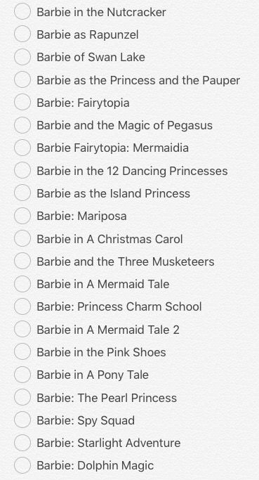 List of the best Barbie movies I'd show my niece! Things To Do With Your Niece, Barbie Movies To Watch, Every Barbie Movie List, List Of Barbie Movies, Barbie Watch List, Barbie All Movies, Barbie Marathon List, Barbie Movie Checklist, Barbie Movies Checklist